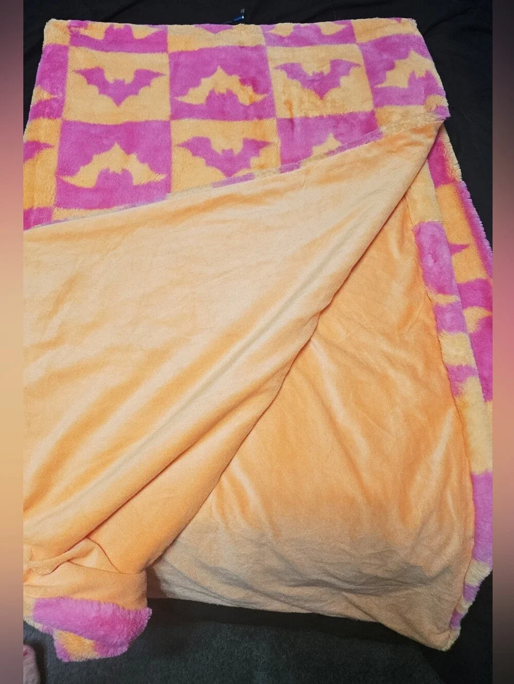 Novogratz Bat Checkered Orange/Neon Pink Oversized Halloween Throw Blanket